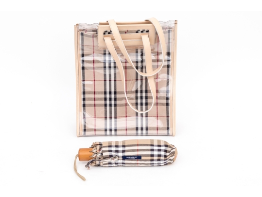 Burberry Nova Check Two Piece Vinyl And Canvas Tote Bag With Umbrella
