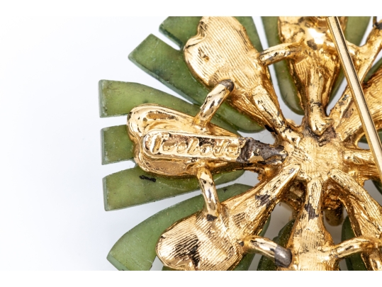 Vintage Synthetic Nephrite And Cultured Pearl Flower Motif Costume Jewelry Brooch