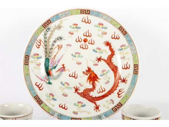 Chinese Porcelain Dragon And Phoenix Plate With Eight Tea Cups