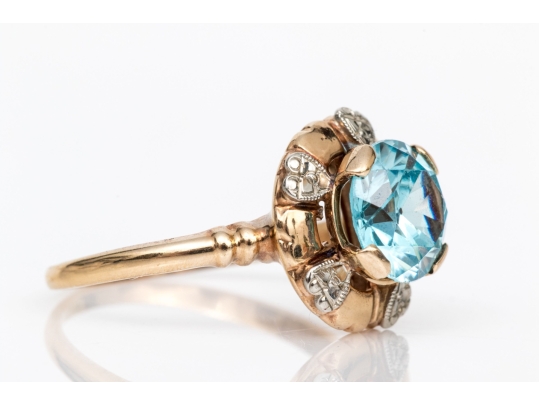 14k Yellow Gold Pretty Synthetic Blue Zircon Ring With Decoratve Border, Size 7