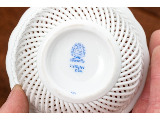 Herend Hungary Hand-Painted Porcelain Reticulated Basket, Green Chinese Bouquet Pattern