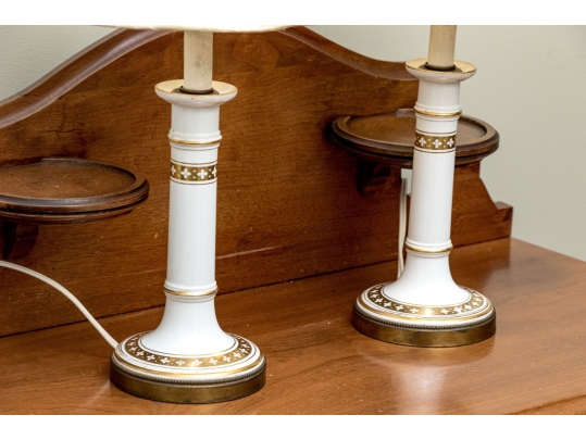 Pair Of Gilt Decorated Ceramic Candle Form Table Lamps