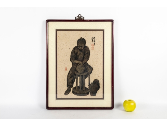 Pair Of Framed Asian Ink Drawings On Textured Paper