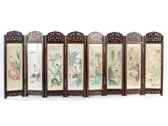 Vintage Chinese Folding Table Screen With Hand-Painted Scenes