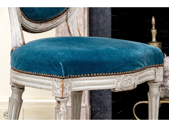 Pair Of Louis XVI Style Custom Upholstered Medallion Back Side Chairs