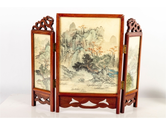 Miniature Chinese Hand-Painted Silk Folding Table Screen