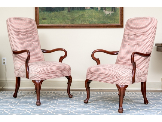 Fabulous Pair Of Mahogany Goose Neck Upholstered Armchairs
