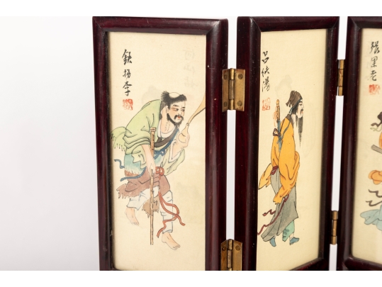 Chinese Hand-Painted Framed Silk Paintings Folding Table Screen