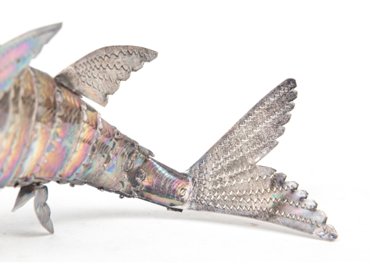 Vintage Sterling Silver Articulating Fish With Green Glass Eyes