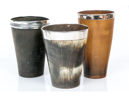 Antique English Collection Of Three Sterling Silver Mounted Carved Horn Cups