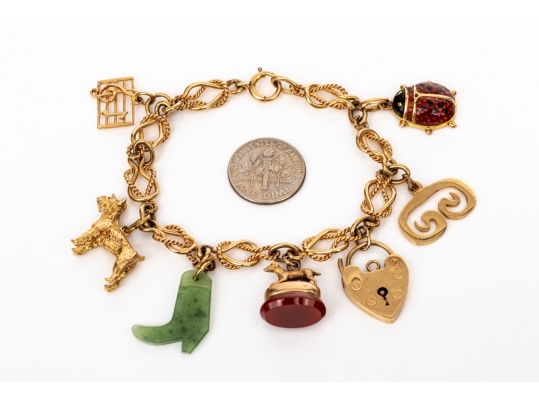 14k Yellow Gold Fun Rope Motif Vintage Charm Bracelet, With 14k And 9k Assorted Charms