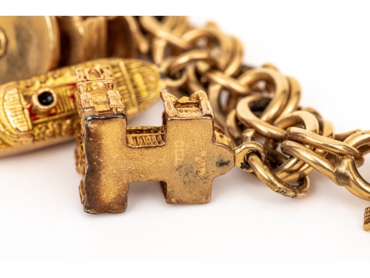 14k Yellow Gold Fabulous Vintage Travel Motif Charm Bracelet, With 14k, 10k And 9k Assorted Charms