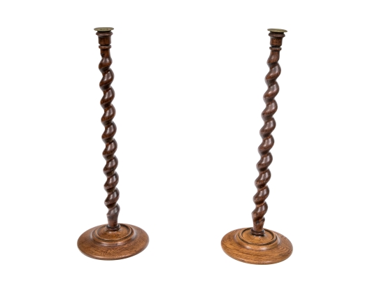 Pair Of Antique Oak Barley Twist Candlesticks