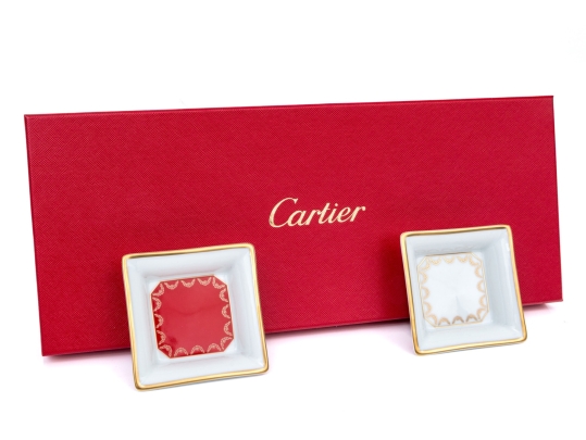 Cartier Pair Of Limoge Porcelain Trinket Trays, With Box