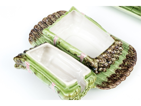 Portuguese Bordallo Pinheiro Hand-Painted Asparagus Form Tureens With Underplates