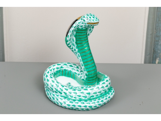 Herend Hungary Hand-Painted Porcelain Cobra, Green Fishnet Pattern