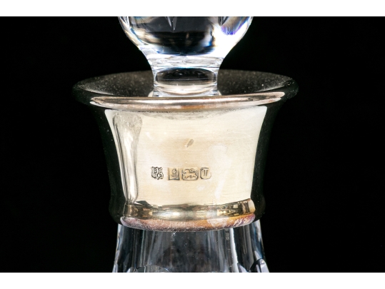 Pair Of English Sterling Silver Collared Cut Crystal Decanters Or Perfumes