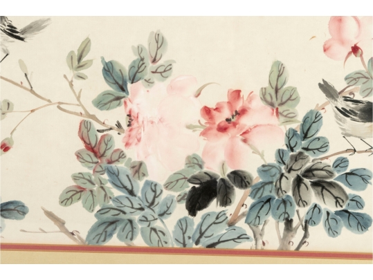 Framed Asian Watercolor Painting Of Birds And Blossoms