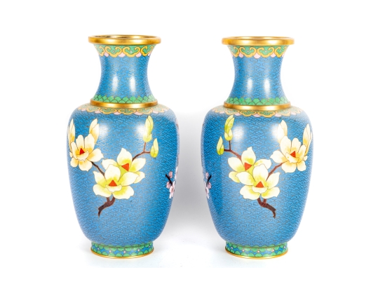 Pair Of Vintage Chinese Cloisonné Enamel Vases With Cherry Blossom Motif