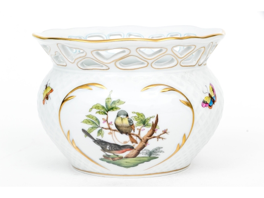 Herend Hungary Hand-Painted Porcelain Cachepot, Rothschild Bird (RO) Pattern