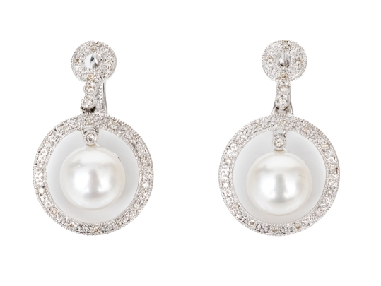 14k Impactful Saturn Style Diamond And Cultured Freshwater Pearl Drop Earrings, 0.28 TCW