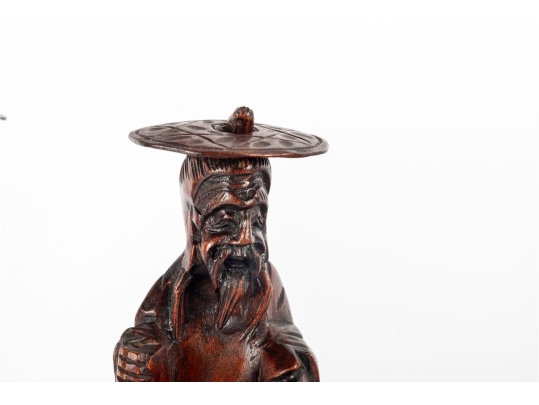 Pair Of Chinese Carved Wood Elder Figures With Removable Hats