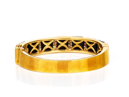 La Triomphe 18k Yellow Gold Stunning Vintage Black Onyx And Pave Diamond Bangle Bracelet