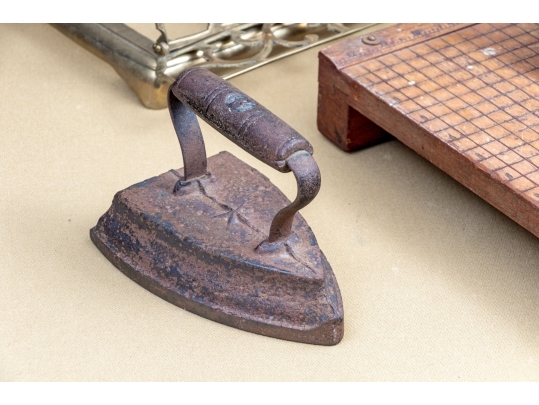 Vintage And Antique Table Pieces Including Paper Cutter, Irons, Doorstop, Book Stand