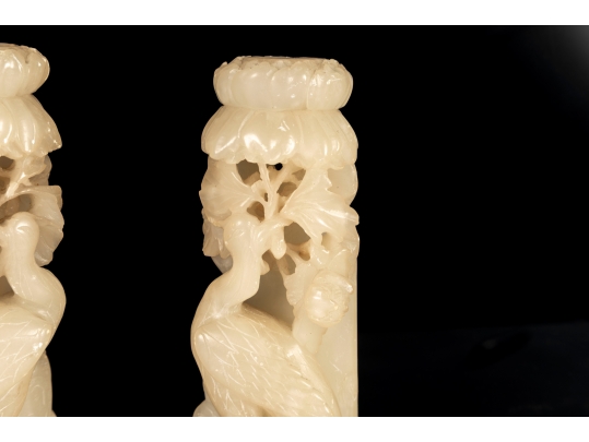 Antique Chinese Carved Nephrite Peacock Candle Holders