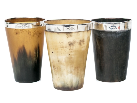 Antique English Collection Of Three Sterling Silver Mounted Carved Horn Cups