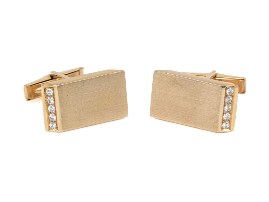 Handsome 14K Diamond And Matte Finish Leaver Back Cuff Links