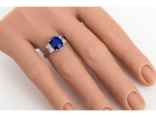 Platinum Beautiful Sapphire And Diamond Three Stone Ring, Size 5.75