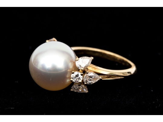 Fred 18k Yellow Gold Magnficent Vintage South Sea Cultured Pearl And Diamond Ring, Size 5.75