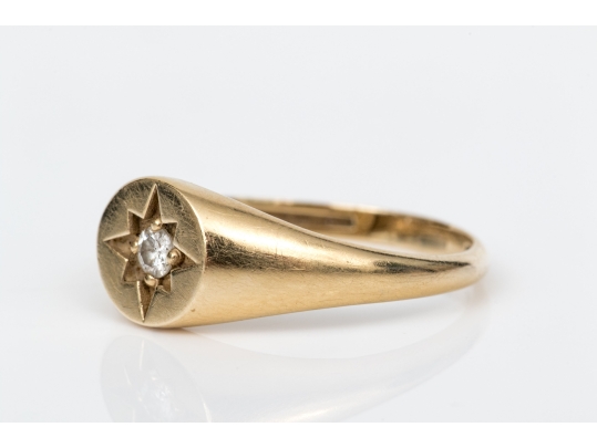 14k Yellow Gold Vintage Diamond Set Signet Style Ring, App. 0.10 CTS, Size 6.25+