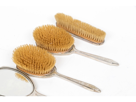 Four Piece English Sterling And Guilloche Enameled Vanity Set