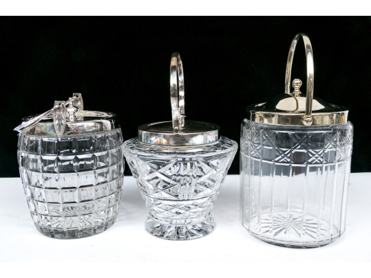 Three Antique Cut Glass And Silverplate Biscuit Jars 