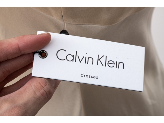 Fantastic Calvin Klein Beige Evening Gown With Lace Shoulder Cover, Size 12