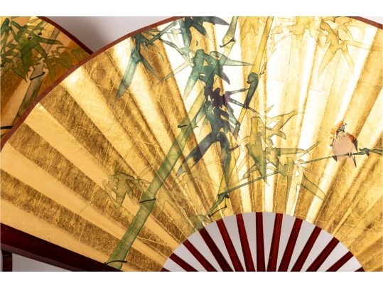 Pair Of Japanese Gilt Folding Fans On Stands