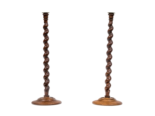Pair Of Antique Oak Barley Twist Candlesticks