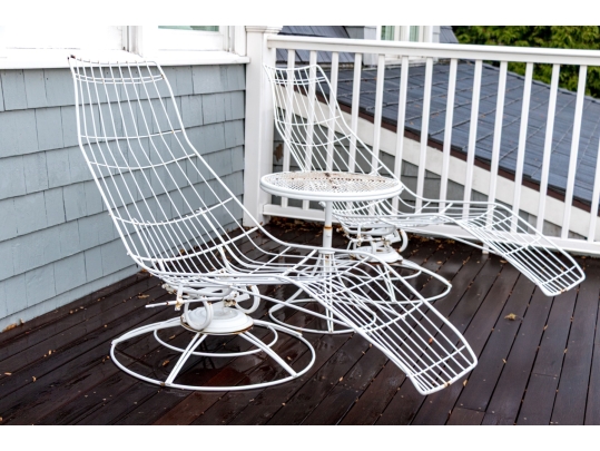 Outdoor Banana Lounge Chairs And Side Table, Likely Homecrest 
