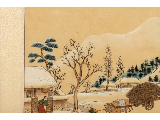 Framed Korean Painting On Silk Depicting Winter Village Scene