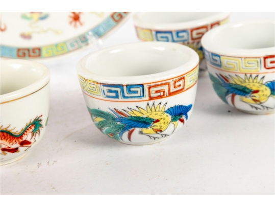 Chinese Porcelain Dragon And Phoenix Plate With Eight Tea Cups