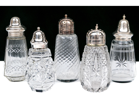 Collection Of Five Crystal And Silverplate Shakers