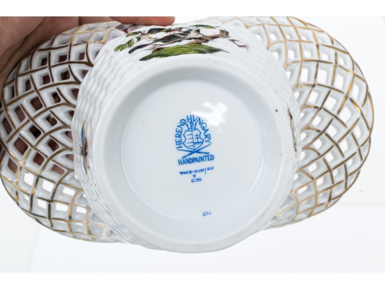 Rare Herend Hungary Hand-Painted Porcelain Openwork Basket Vase, Rothschild Bird (RO) Pattern