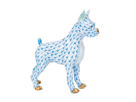 First Edition Herend Hungary Hand-Painted Porcelain Boxer Dog Figure, Blue Fishnet Pattern