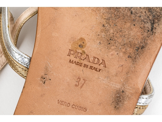 Prada Lovely Silver And Gold Metallic Leather Flat Sandals, Size 37