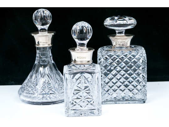 Group Of Three English Cut Glass Decanters Or Perfumes With Sterling Silver Collars