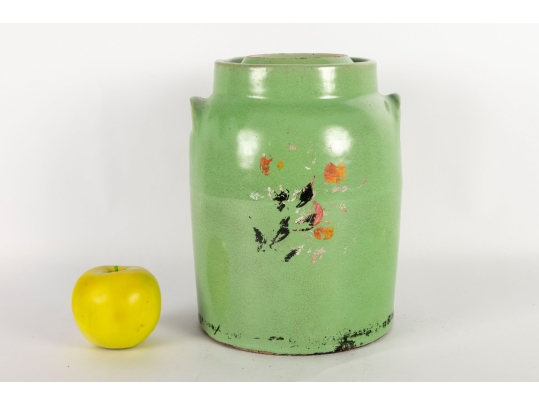 Antique Green Glazed Stoneware Lidded Crock