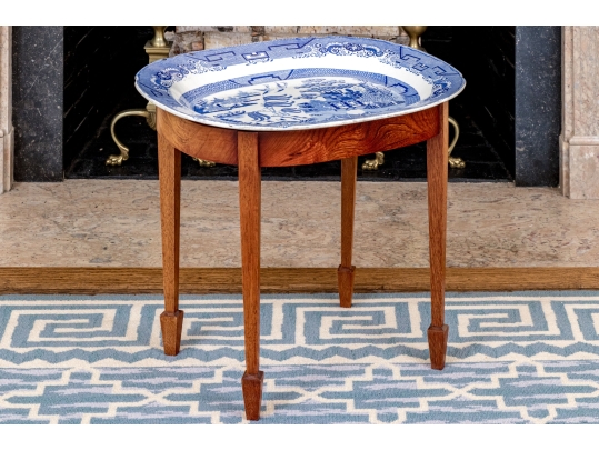 Antique English Blue Willow Serving Tray On Hepplewhite Style Wood Frame