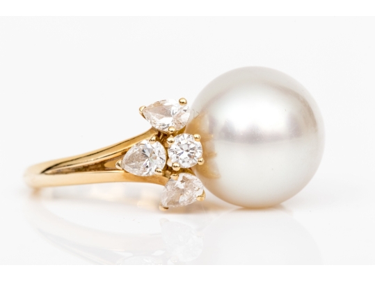 Fred 18k Yellow Gold Magnficent Vintage South Sea Cultured Pearl And Diamond Ring, Size 5.75